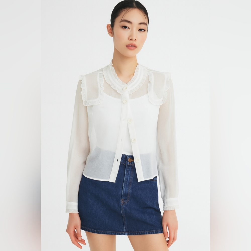 Saint Tropez See Thru Sheer Ruffle Blouse Top White Small